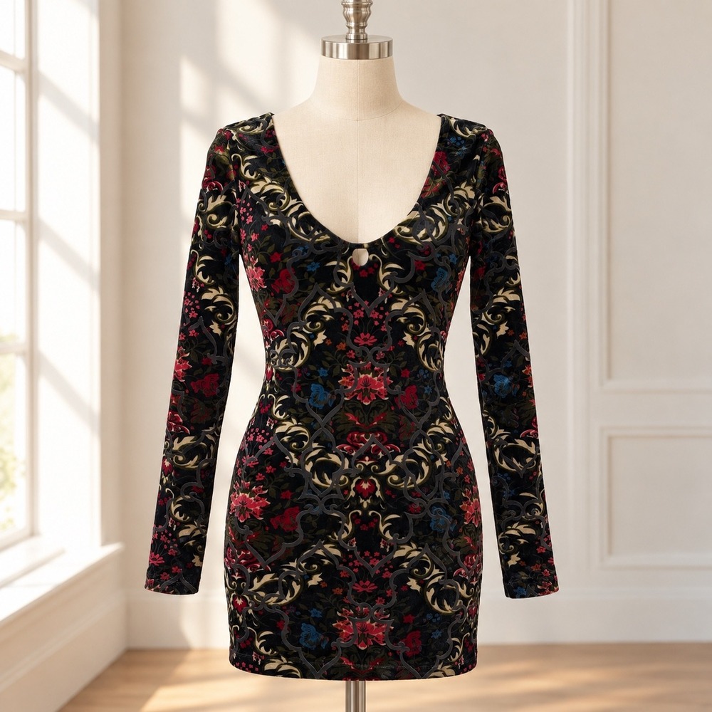 Free People VTG Y2K Velvet Burnout Floral Mini Dress XS Whimsigoth Dark Romantic
